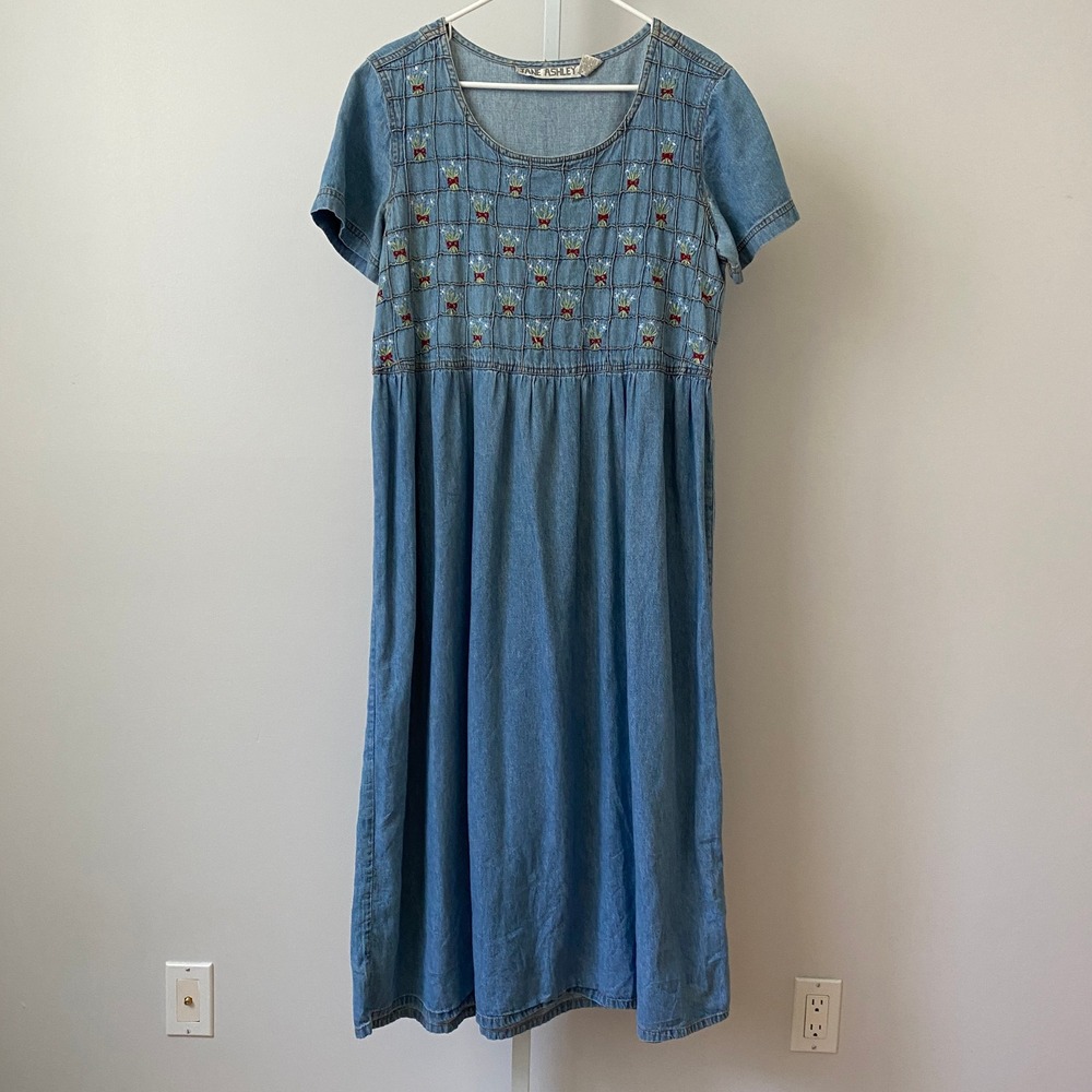 VTG Jane Ashley Shabby Prairie Babydoll Embroidered Denim Maxi Dress L Blue